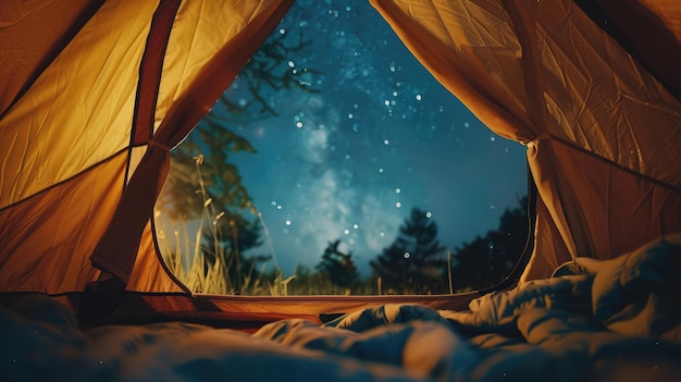 Romantic starry sky night view from inside of tent