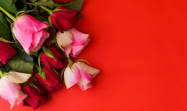 Foto romantica natura morta, rose rosse su sfondo rosso. concetto di cartolina per la festa della donna e san valentino. copia spazio.