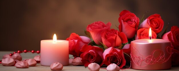 Foto romantic still life with red roses and candles on valentines day background