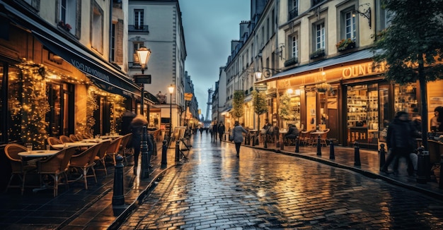romantic streets of Paris with people strolling and cafes buzzing emphasized by longexposure