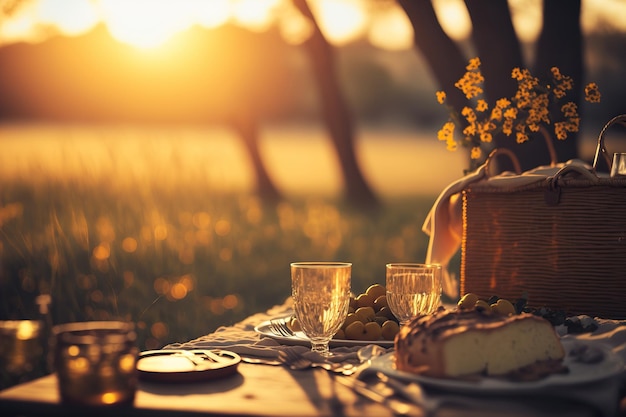 写真 ロマンチックな夏のピクニック バスケット 食べ物と飲み物 暖かい夜の光 ジェネレーティブ ai