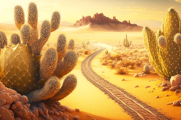 Романтическое залитое солнцем долгожданное путешествие в пустынный пейзаж с кактусами и песчаными дюнами, генерирующий искусственный интеллект