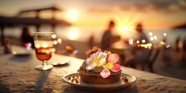 romantic sunset beach caffee ,cup of coffee ,sweet cake and flowers on table ,romantic couple