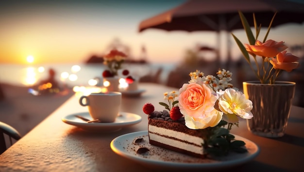 romantic sunset beach caffee ,cup of coffee ,sweet cake and flowers on table ,romantic couple