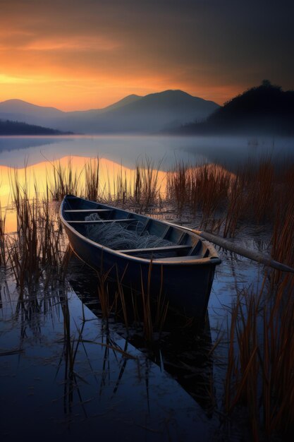 Photo romantic sunset boat on lake photorealistic landscape painting