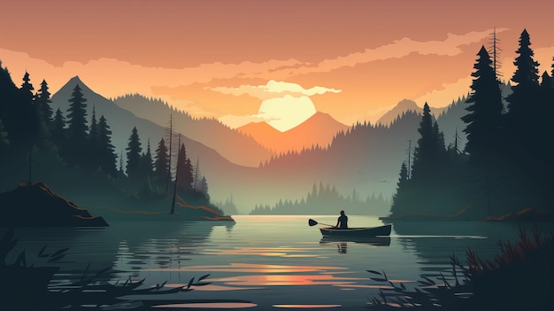 山岳湖のロマンチックな日没のカヌーのイラスト