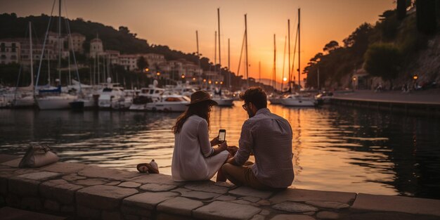 romantic sunset couple relaxing on promenade and watching beautiful mediterranean sea at evening