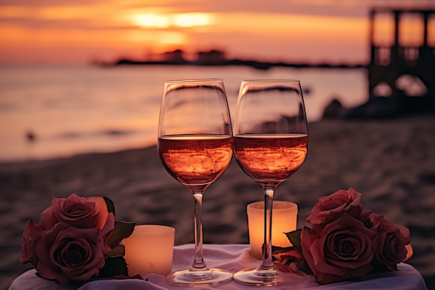 Photo romantic sunset dinner on the beach with luxurious honeymoon table set for two and rose wine drinks