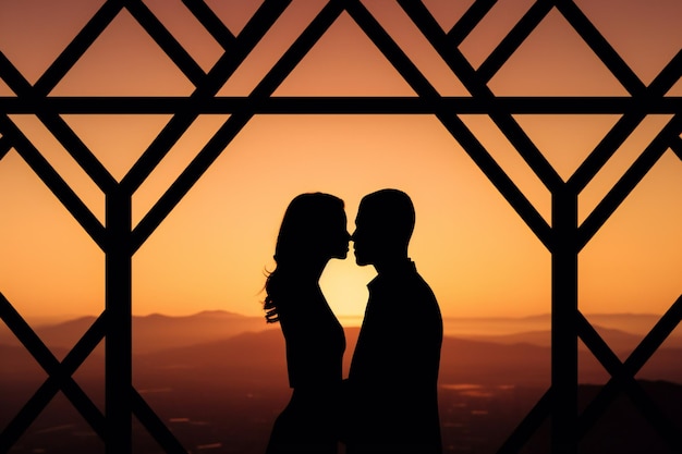 Foto romantico bacio al tramonto silhouette di coppia innamorata