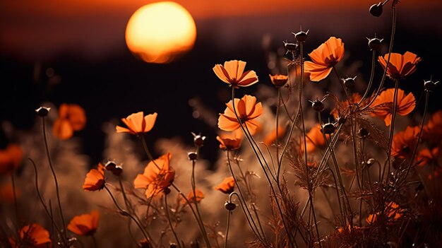 Photo romantic sunset orange flowers in the field captured with samyang 14mm lens