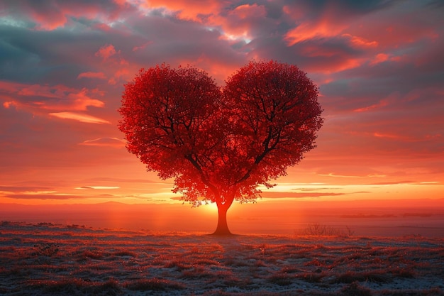 ロマンチックな夕暮れ 赤い心の形の木が 夕暮れの光に輝いています