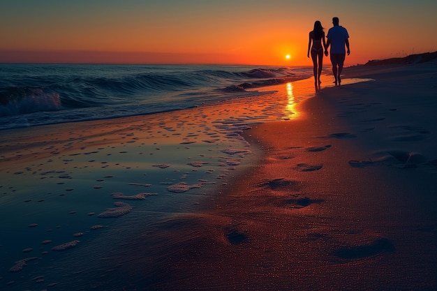 Photo romantic sunset walk on beach with couple leaving footprints