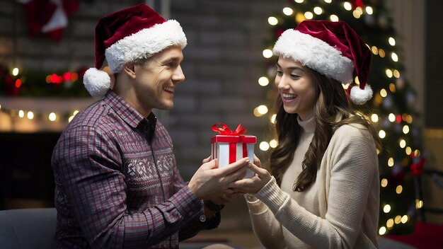 Photo romantic surprise for christmas woman receives a gift from her boyfriend