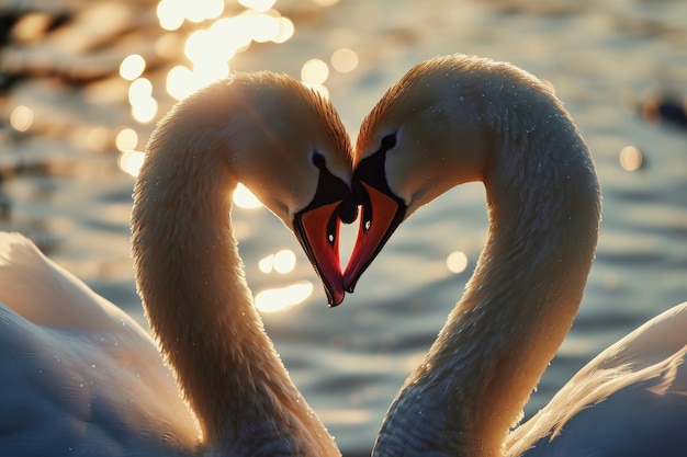 Foto cigni romantici che fanno una forma di cuore coppia di cigni per san valentino