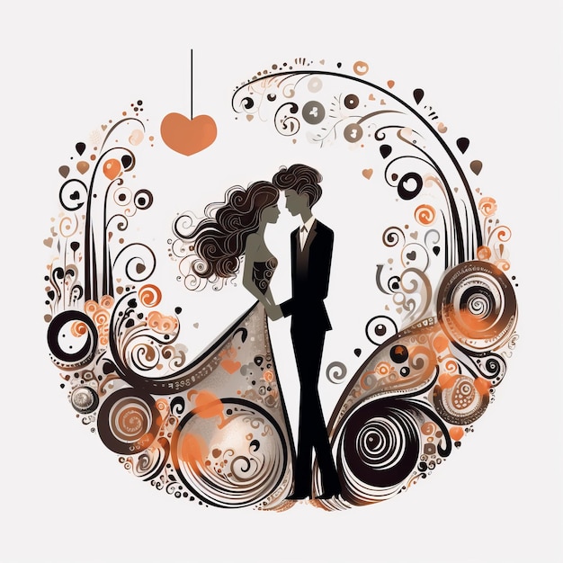 Romantic Swirled Bride And Groom Doodle For Wedding Designs