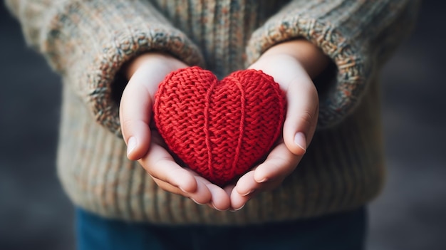 Photo romantic symbol of love female caucasian hands showing red knitted heart closeup