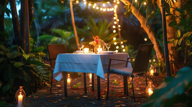 A romantic table set up in a lush garden with candles and flowers The perfect setting for a special evening with your loved one