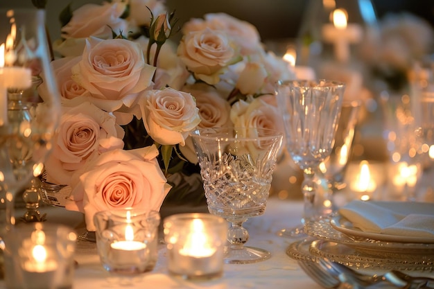 A romantic table setting for a candlelit dinner adorned with soft pink roses and elegant glassware