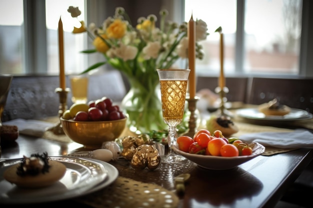 Romantic table setting with candles and flowers