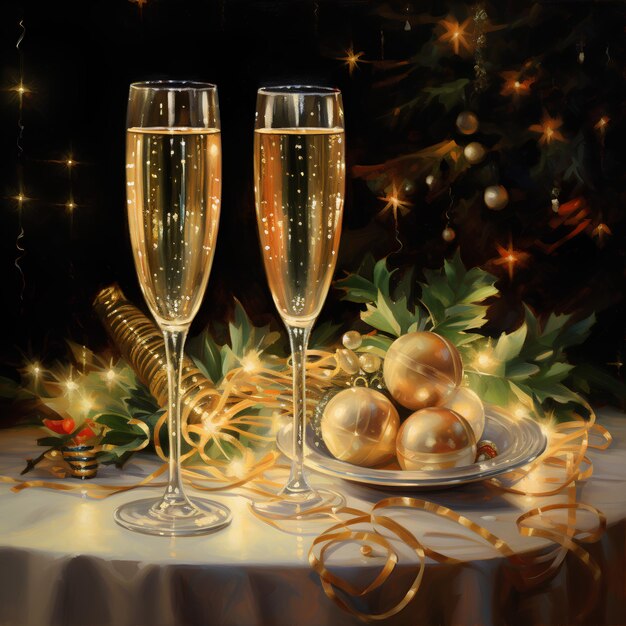 A romantic table setting with two champagne glasses and a plate of Christmas decorations