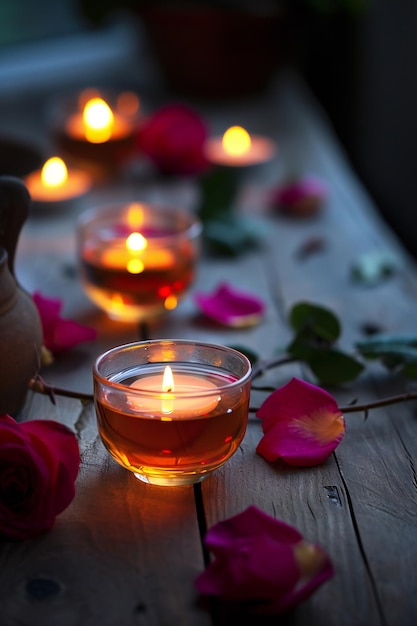 Romantic tea setting rose petals and warm candles