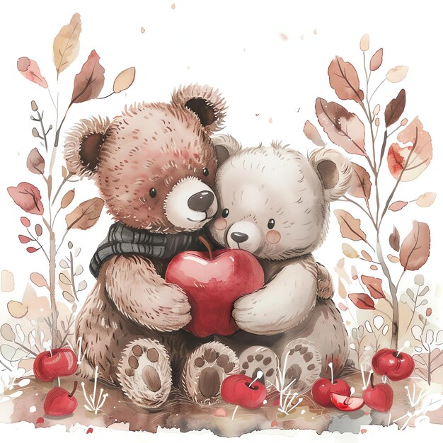 Romantic Teddy Bears in Nature Illustration love and hearts