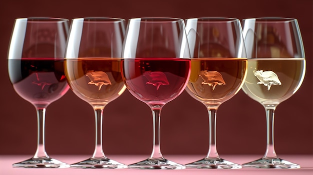 ピンクの背景に赤いバラと白ワインのロマンチックなトースト グラス