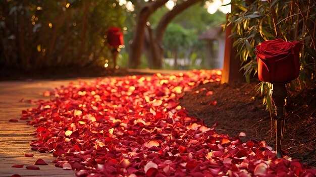 Foto il sentiero romantico che segue i petali di rosa verso un regalo a sorpresa