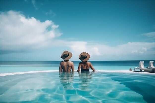 Romantic tropical vacation couple in hats on the edge of an infinity pool perfect destination