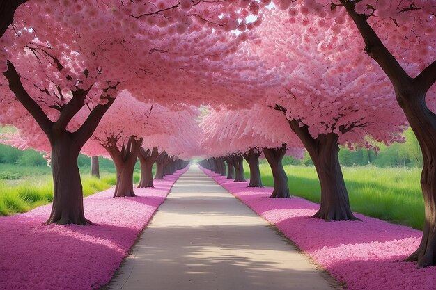 The romantic tunnel of pink flower trees