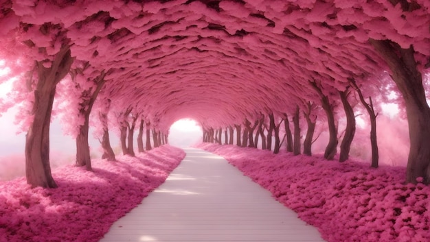 Foto il tunnel romantico degli alberi a fiori rosa