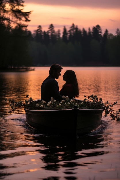 A romantic twilight photoshoot of a couple in a boat on a springfed lake