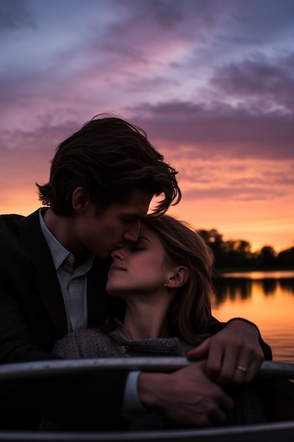 A romantic twilight photoshoot of a couple in a boat on a springfed lake