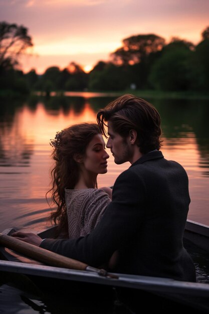 A romantic twilight photoshoot of a couple in a boat on a springfed lake