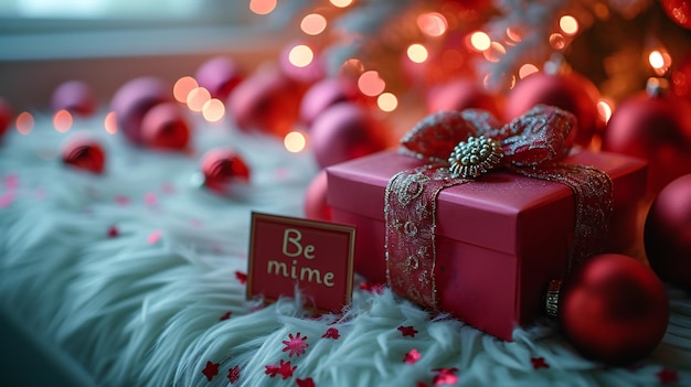 Romantic Valentine Gift Red Wrapped Box with Sparkling Bow Be Mine Tag Surrounded by Ornaments