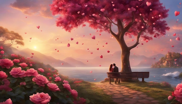 Romantic Valentine's Day scene with a beautiful sunset backdrop adorned with pink and red