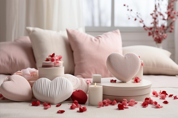 a romantic valentine s day scene with a heart shaped gift box and rose petals capturing