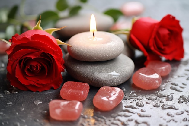 Romantic Valentine's Day Spa with Stones Roses and Candles Closeup Created with Generative AI Tools