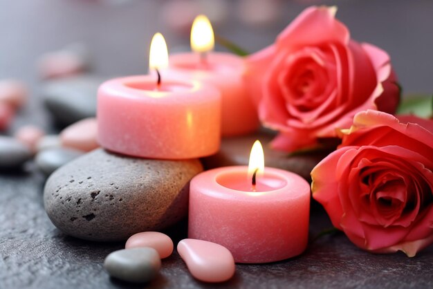 생성 AI 도구로 만든 돌 장미와 양초 클로즈업이 있는 로맨틱한 발렌타인 데이 스파