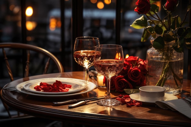 Romantic Valentine's Day table setting with red roses and glasses of wine