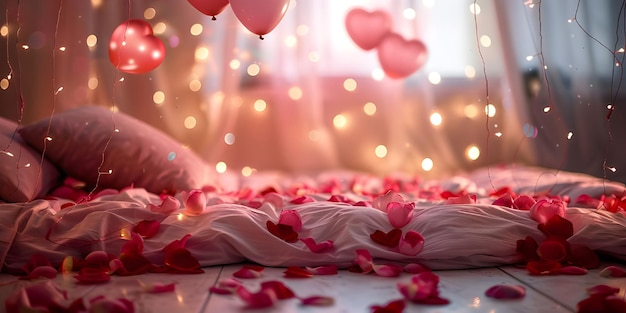 Романтический фон Дня святого Валентина с сердцами и свечами на кровати Ai Generated