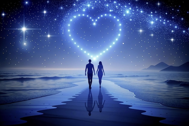 Foto una coppia romantica del giorno di san valentino celebra un momento romantico in una notte di luna accanto a una spiaggia marina