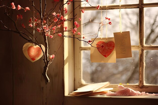 Romantic Valentines Greeting Card on Window in Warm Sunny Daylight