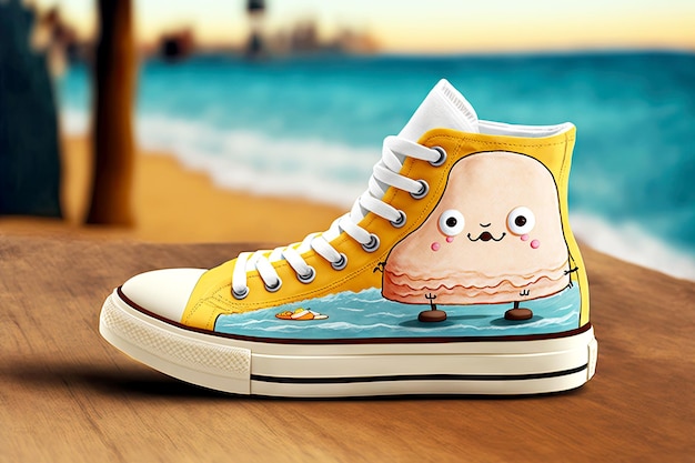 Romantic walk on sea shore cute sneakers character seat in cafe