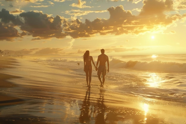 Романтическая прогулка двух влюбленных на закате на пляже