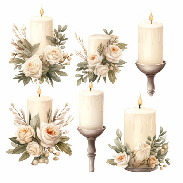 Photo romantic watercolor clipart collection candleholder floral accessories in white cream neutral color