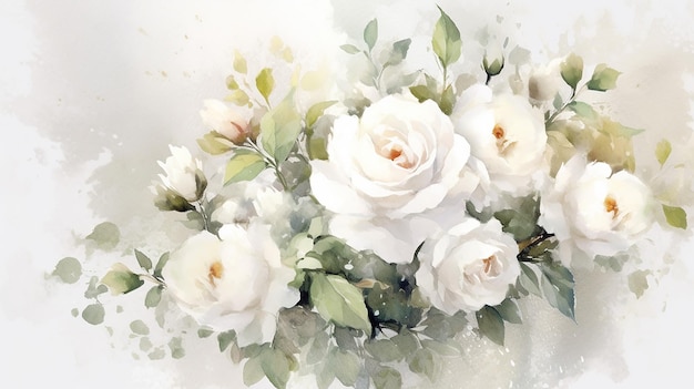 Romantic watercolor white roses wedding watercolor Generative AI