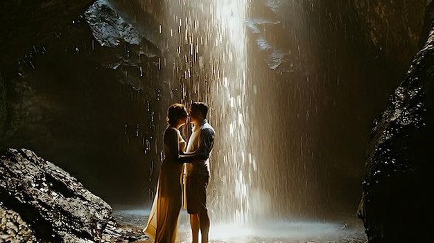 Photo romantic waterfall kiss a couple is standing in front of a waterfall they are kissing the waterfall is in the background and it is out of focus