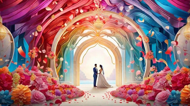 Foto romantico arco nuziale fiori concetto di design di sfondo da giorno mondiale del matrimonio