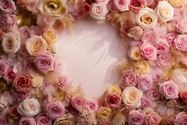 Romantic wedding background featuring gold rings Eustoma roses and delicate pink feathers
